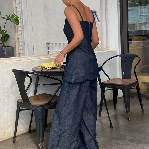 Dark Wash Casual Women's Simplistic Camisole & Denim Pants Set - Picture 3 of 7